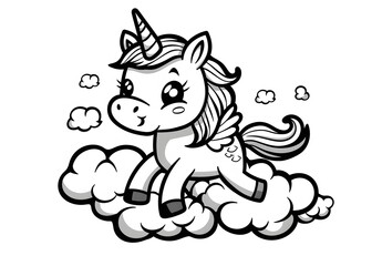 Obraz premium Cute unicorn jumping among clouds, simple line art coloring page for kids
