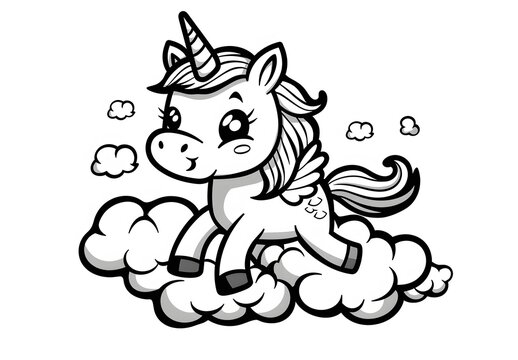 recommend clip art: Cute unicorn jumping among clouds, simple line art coloring page for kids