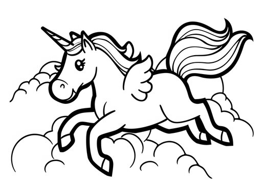 recommend clip art: Cute unicorn jumping among clouds, simple line art coloring page for kids