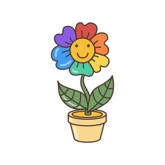 Icon of a smiling multicolored daisy in LGBT Pride Rainbow Flag colors in flower pot.  70s retro clipart vector design.