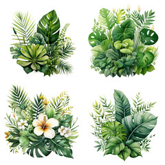 Fototapeta premium Four watercolor paintings depicting tropical leaf arrangements. Each arrangement features a variety of green leaves, including monstera, palm, and ferns, arranged in a natural, cascading style