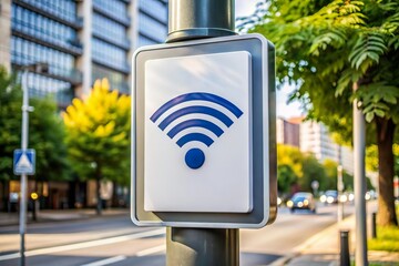 free public wifi signal board on city street. Internet connection availability