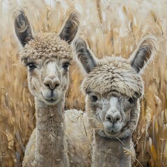 Obraz premium Two alpacas in the grain, Dwie alpaki w zbożu, alpaki 