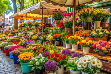 colorful flower shop stand on street with no people