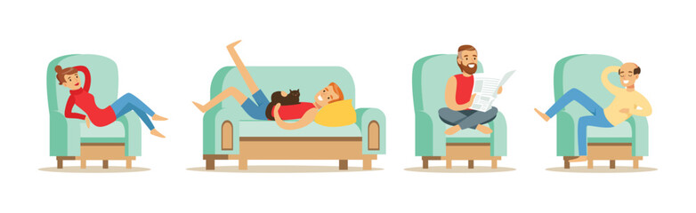 People Resting and Relax on Sofa at Cozy Home Atmosphere Vector Set