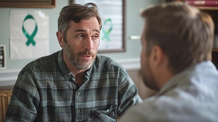 Obraz premium Close-Up of a Man Talking to a Therapist with Green Ribbon Poster, Emphasizing Connection and Support for Mental Health