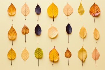 Obraz premium The autumn leaves arranged in a pattern on a pastel yellow background