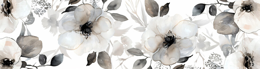 A seamless pattern with digital watercolor flowers, their soft hues blending into a grey lace texture, creating an elegant and dreamy design for textile printing