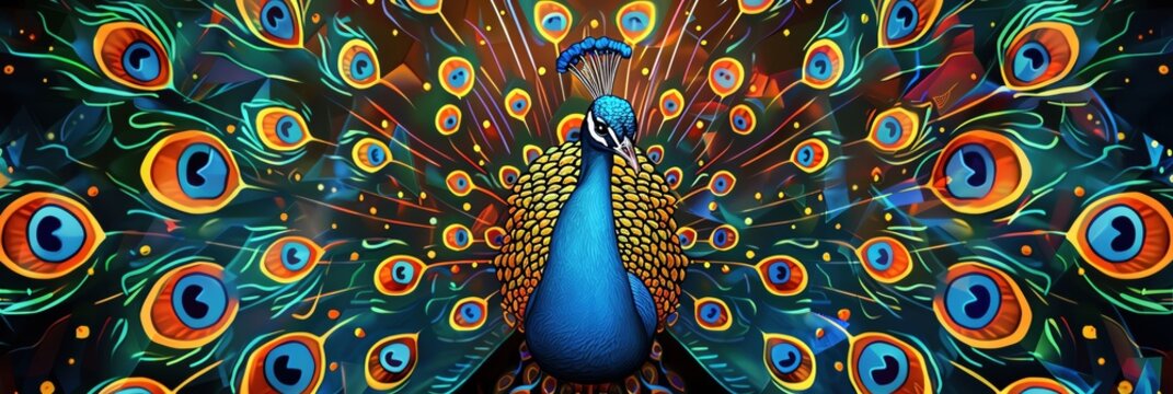 A vibrant and colorful digital illustration of a peacock with fully spread feathers in vivid detail and intricate patterns.