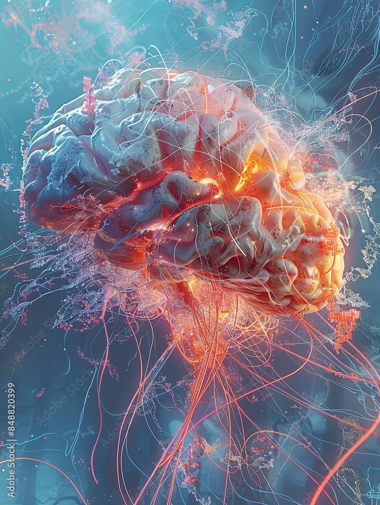 Poster Futuristic artwork showing a human brain merging with digital elements, representing the blend of human and artificial intelligence. Generative AI
