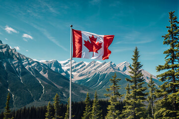 the flag of Canada on the background of mountains, Canada Day