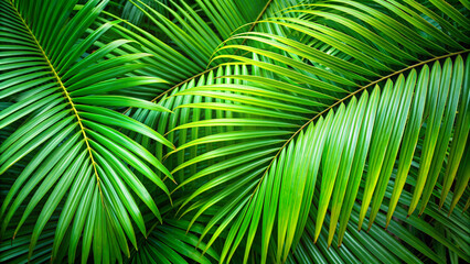 Close-up View of Vibrant Green Palm Leaves - Natural Beauty and Intricate Details of Tropical Foliage for Nature and Botany Themes.