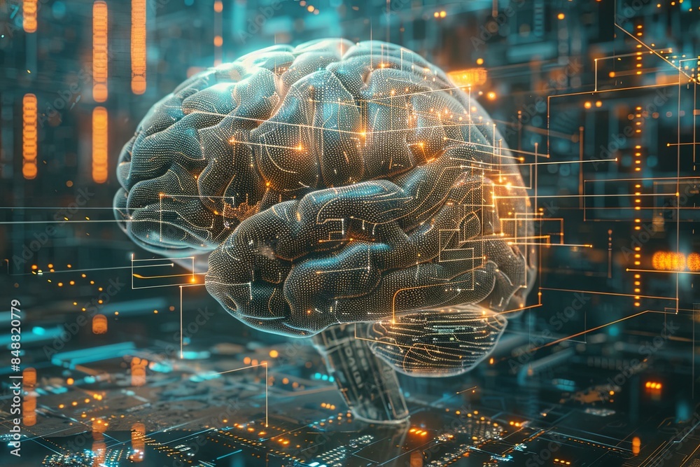 Leinwandbilder abstract visualization of a human brain integrated with digital elements and neural networks, symbol