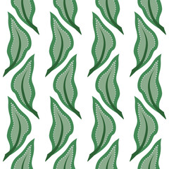 Green leaves vertical seamless pattern on white background. Delicate green colors. Vintage leaves background vector illustration. For wallpaper, giftpapers, textile, design projects and cards.