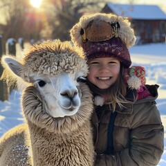 Obraz premium Winter fun with alpacas on the farm, Zabawa zimą z alpakami na farmie, alpaki