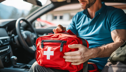 Man with first aid kit inside car, closeup