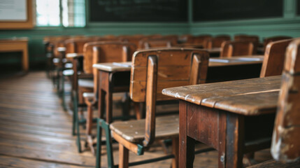 Old wooden lecture chairs and desks in a poor school classroom. Poor school. Old school. Education concept.