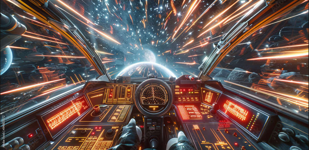 Aufkleber Looking out from the cockpit of a spaceship while traveling at very fast speeds approaching and exceeding the speed of light, with the instrument panels and the spaceship controls. Generative AI.