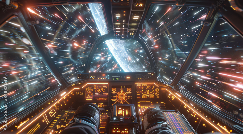 Poster Looking out from the cockpit of a spaceship while traveling at very fast speeds approaching and exceeding the speed of light, with the instrument panels and the spaceship controls. Generative AI.