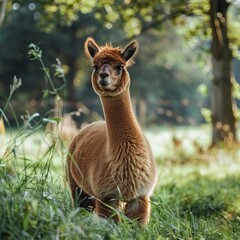 Obraz premium young brown alpaca on green grass, młoda brązowa alpaka na zielnoej trawie, alpaki