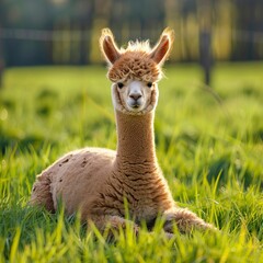 Obraz premium young brown alpaca on green grass, młoda brązowa alpaka na zielnoej trawie, alpaki