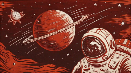 Astronaut Floating Above Mars with Ringed Planet and Stars in Background - Illustration of Space Exploration and Human Curiosity.