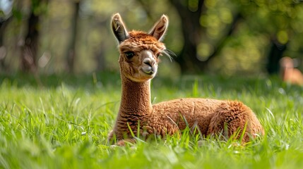 Obraz premium young brown alpaca on green grass, młoda brązowa alpaka na zielnoej trawie, alpaki