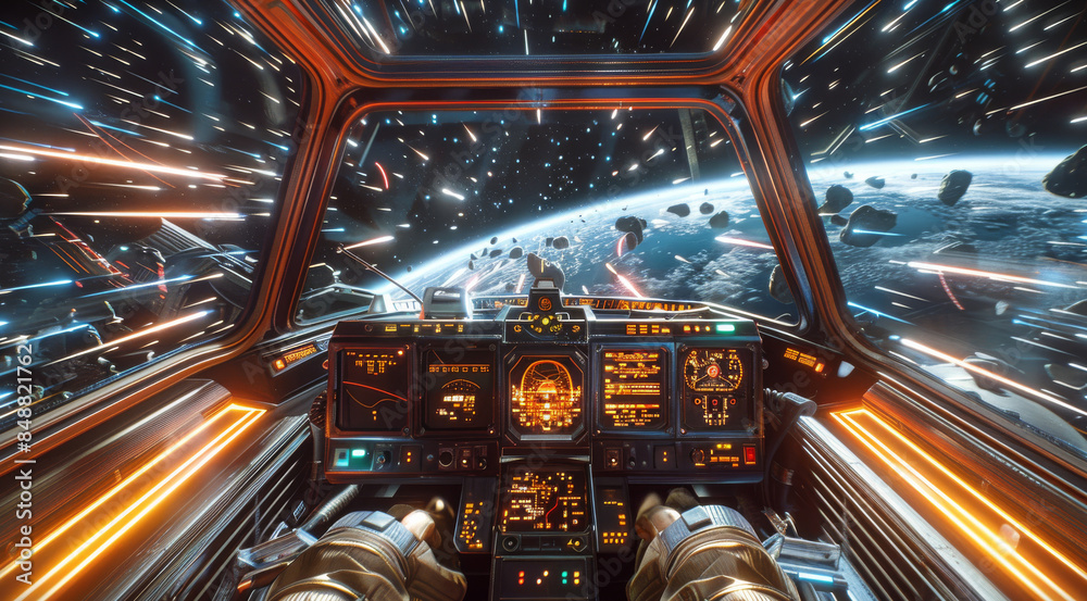 Poster Looking out from the cockpit of a spaceship while traveling at very fast speeds approaching and exceeding the speed of light, with the instrument panels and the spaceship controls. Generative AI.