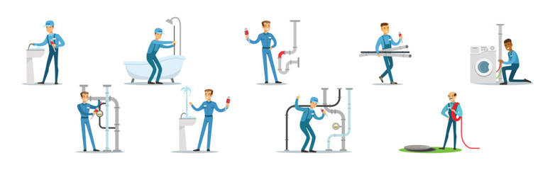 Man Plumber Character in Uniform Repair Heating Pipe Vector Set