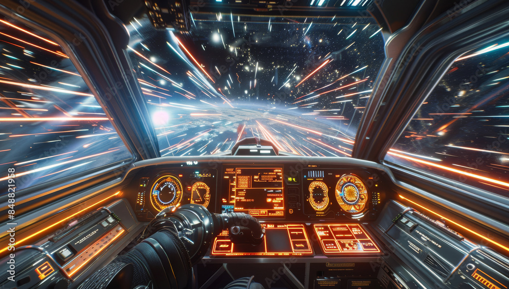 Poster Looking out from the cockpit of a spaceship while traveling at very fast speeds approaching and exceeding the speed of light, with the instrument panels and the spaceship controls. Generative AI.