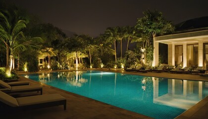 Fototapeta premium Luxury house with swimming pool at night Luxury house with swimming pool at night Interior Inviting Retreat a contemporary residence luxury villa with a large swimming pool