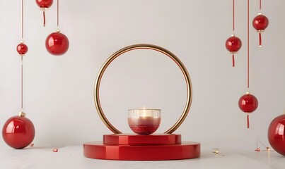 golden podium with a red Indian hanging decoration and oil lamps,diwali