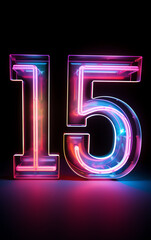 Vibrant neon number 15 with glowing lights on a dark background, perfect for birthday, anniversary or celebration designs.