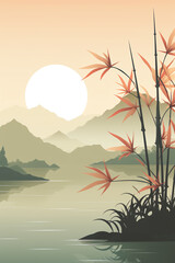 Obraz premium Tranquil landscape with mountains, bamboo, and a serene lake at sunset. Beautiful nature scene with soft colors and peaceful ambiance.