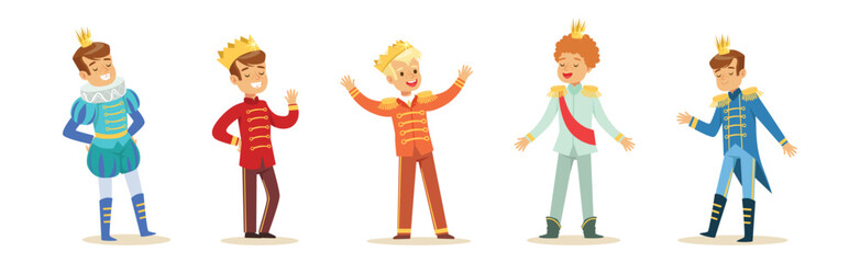 Little Boy In Prince Costume with Golden Crown Vector Set