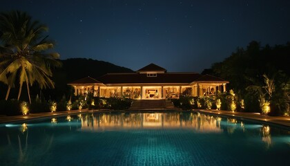 Obraz premium Luxury house with swimming pool at night Luxury house with swimming pool at night Interior Inviting Retreat a contemporary residence luxury villa with a large swimming pool