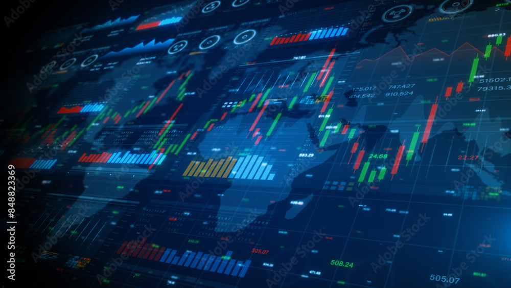 Poster candlestick information reports for finance strategy and investment, data analytics for visualizing 