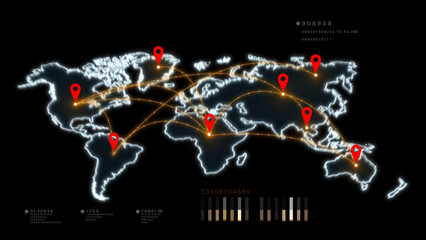 Global network map with connection points, World map showcasing interconnected locations with red markers, Technology global network and internet connection, 3d rendering
