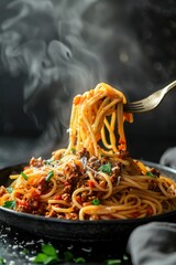 A plate of spaghetti with meat sauce and a fork in it