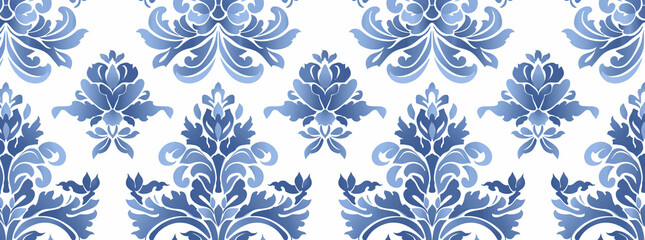 A seamless pattern of blue damask on a white background, in the style of seamless.


