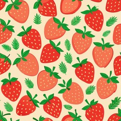 Seamless pattern of flat design strawberries with minimal leaves, Generative AI
