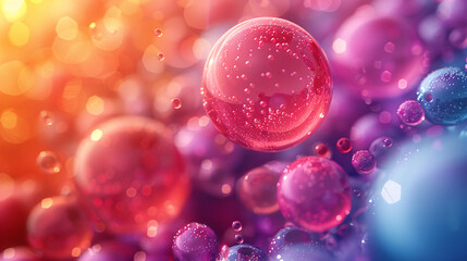 A mesmerizing composition of iridescent spheres in various sizes, floating and overlapping in a 3D space, bathed in a gradient of vibrant colors.