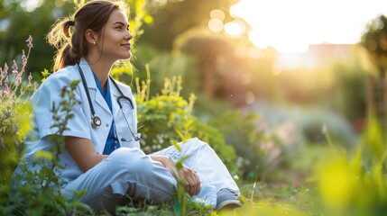 Close-Up of a Physician Assistant Taking a Break in a Peaceful Hospital Garden, Highlighting Work and Relaxation Balance