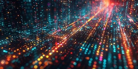 Obraz premium Data technology background. Big data visualization. Flow of data. Information code. Background in a matrix style. 4k rendering, Bright color, realistic