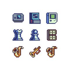 Sport pixel art style icons set, emoji. 8-bit sprite. Design for logo game, sticker, web, mobile app, badges and patches. Isolated vector illustration. Game assets.