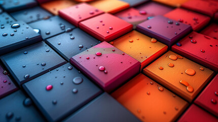 A minimalist composition of several colored squares, arranged in a non-repeating grid pattern with varying depths, creating a subtle 3D effect.