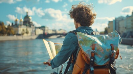 Fototapeta premium Young Eco-Tourist on Bicycle Exploring Famous Tourist City with a Map, Embracing Sustainable Travel and Adventure