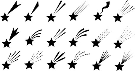 Shooting stars icon vector set, clip art silhouettes, star flat illustration graphic collection, isolated
