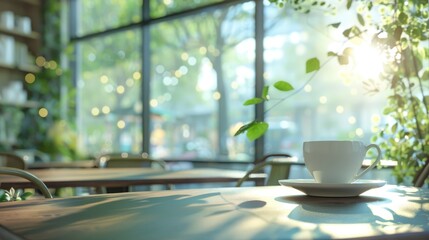 Deserted daylight cafe with large window foliage chairs soft light blend Oversized white cup with green tea Warm cafe ambience