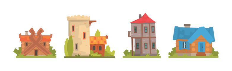 Medieval Building and Ancient European Town House Vector Set